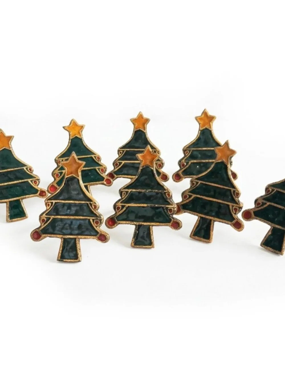 VTG Pier 1 Brass Enamel Christmas Tree Napkin Rings Set of 8